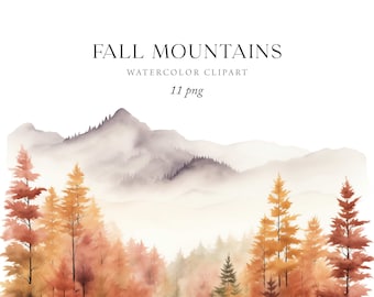 Fall Mountain Clipart Watercolor, Autumn Mountain Landscape Png, Misty Forest Clipart, Nature Clipart, Fall Forest Landscape Illustrations