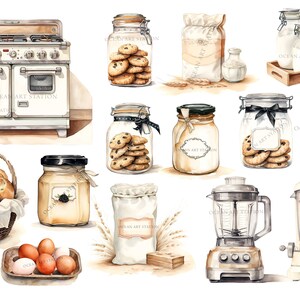 May include: A watercolor illustration of kitchen baking supplies, including a white double oven, a basket of rolls, a jar of jam, a bag of flour, a jar of cookies, a pitcher of milk, two blenders, and a carton of eggs.