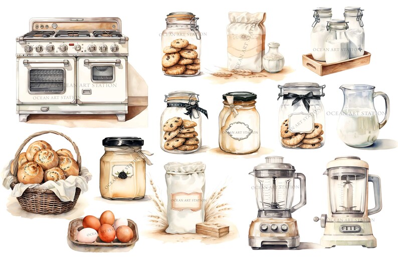 May include: A watercolor illustration of kitchen baking supplies, including a white double oven, a basket of rolls, a jar of jam, a bag of flour, a jar of cookies, a pitcher of milk, two blenders, and a carton of eggs.