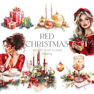 Weihnachten Clipart Aquarell, elegante Weihnachtscliparts, Weihnachten Mädchen Clipart, Rotgold Weihnachten, Ornamente Geschenke, kommerzielle Nutzung