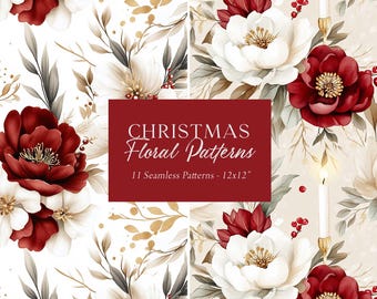 Christmas Digital Papers, Christmas Seamless Patterns, Floral Christmas Papers, Festive Holiday Digital Paper Pack, Repeat Pattern