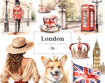 Puede incluir: Conjunto de clipart de acuarela con monumentos y símbolos de Londres. Incluye una cabina telefónica roja, Big Ben, una corona, una bandera de la Union Jack, una tetera, una taza de té, una mujer con sombrero, un perro corgi y un guardia con uniforme rojo.