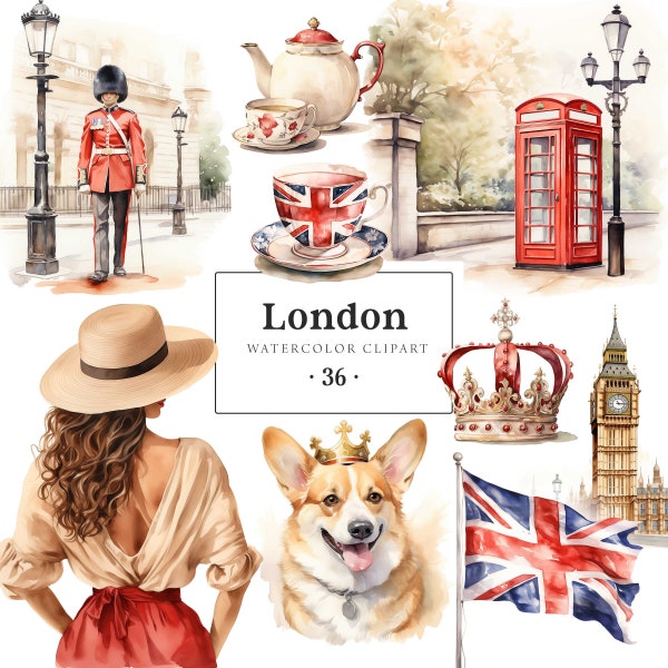 London Clipart, Big Ben Tower Bridge, London Watercolor Illustration, England British UK Clipart, Travel Clipart London Sticker Scrapbooking