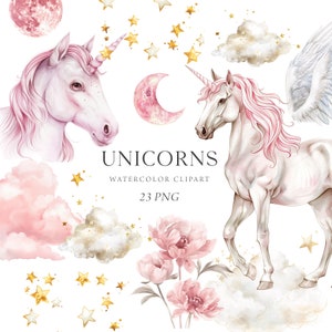 Clipart Licorne, Aquarelle Licornes Roses, Licornes Magiques, Graphiques De Licorne Féerique, Rose Poudré, Licorne À Fleurs, Invitation Autocollants Licorne