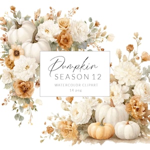 Puede incluir: Ilustración en acuarela con calabazas blancas, flores color crema y follaje en tonos marrones y verdes. La imagen incluye el texto "Pumpkin Season 12 Watercolor Clipart 14 png". El tema general es el otoño.