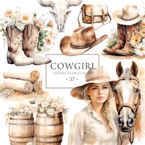 Aquarelle des cliparts cow-girl, clipart fille de la campagne, clipart Western Girl, ranch de chevaux, usage commercial, grange de la ferme, balade à cheval, rodéo