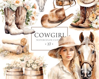 Cowgirl Clipart Watercolor, Country Girl Clipart, Western Girl Clipart, Horse Ranch, Commercial Use, Barn Farmhouse, Horse Ride, Rodeo
