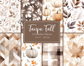 Fall Digital Papers, Taupe Neutral Fall Seamless Patterns, Cozy Autumn Digital Paper Pack, Burgundy Beige, Fall Backgrounds Repeat Pattern