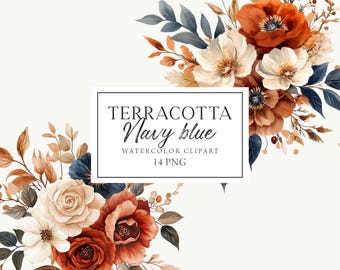 Terracotta Flowers Clipart, Terracotta and Navy Bouquets, Blue Orange Flowers Clipart, Boho Fall Flowers, Terracotta Wedding, Watercolor