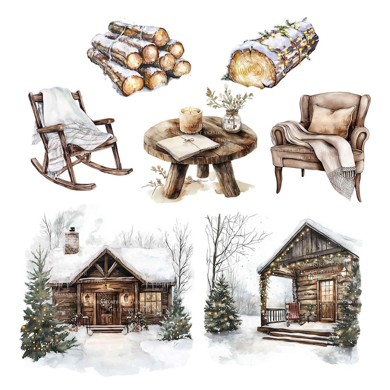 Op de afbeelding: Waterverfillustratie van een gezellige wintersc&egrave;ne. Bevat een schommelstoel met een deken, een kleine houten tafel met een kaars en een boek, een blokhout met lichtjes, een hut en een comfortabele fauteuil met een deken.