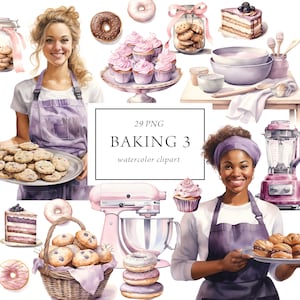 Bakkerij clipart, bakken clipart aquarel, desserts koken clipart, gebak clipart, Baker meisje patisserie snoep taarten cupcakes, commerciële