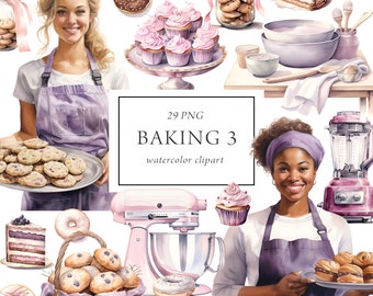 Bakery Clipart, Baking Clipart Watercolor, Desserts Cooking Clipart, Pastry Clipart, Baker Girl Patisserie Sweets Cakes Cupcakes, Commercial