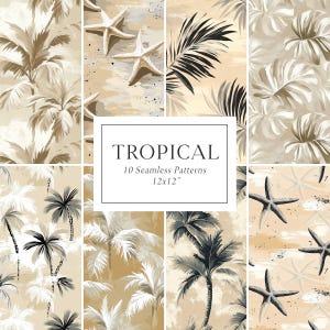 Tropical Seamless Patterns, Neutral Tropical Digital Papers, Neutral Beach Papers, Palm Leaf Backgrounds, Tropical Fabric Textile Design