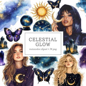 Celestial Clipart, Mystical Clipart, Sun and Moon, Watercolor, Mystery Moon Girl Clipart, Digital Stickers, Moonlit Magical Fantasy