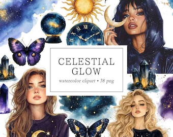 Celestial Clipart, Mystical Clipart, Sun and Moon, Watercolor, Mystery Moon Girl Clipart, Digital Stickers, Moonlit Magical Fantasy