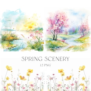 Spring Scenery Clipart, Spring Clipart Watercolor, Spring Meadow Clipart, Spring Landscape Png, Spring Nature Clipart, Wildflower Clipart