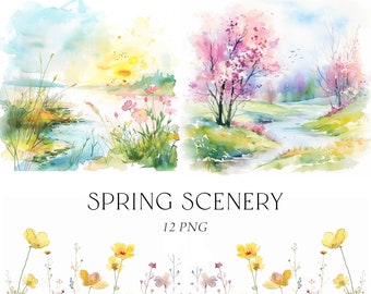 Spring Scenery Clipart, Spring Clipart Watercolor, Spring Meadow Clipart, Spring Landscape Png, Spring Nature Clipart, Wildflower Clipart