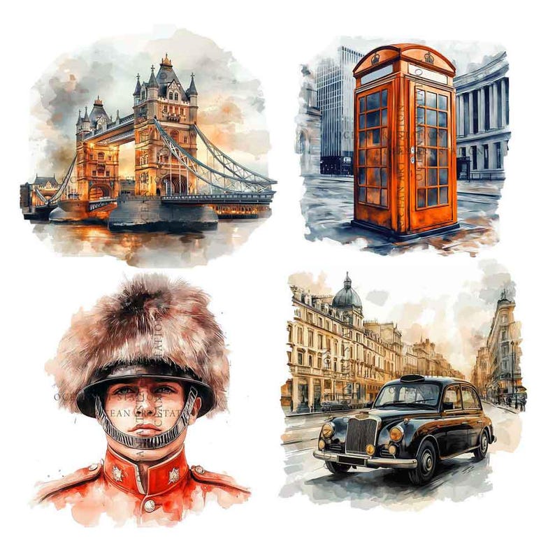 London Clipart, Big Ben Tower Bridge, London Watercolor Illustration, England British UK Clipart, Travel Clipart London Sticker Scrapbooking image 2