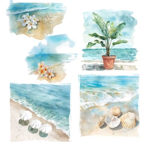 May include: Four watercolor paintings depicting beach scenes. The top left image shows white flowers on a sandy beach. The top right image shows a green plant in a terracotta pot on a sandy beach. The bottom left image shows white umbrellas on a sandy beach with blue water. The bottom right image shows seashells on a sandy beach with blue water.