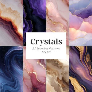 May include: A collection of 21 seamless patterns with crystal designs. The patterns feature a variety of colors, including purple, pink, gold, and blue. The patterns are 12x12 inches in size. The word "Crystals" is displayed in a bold font.