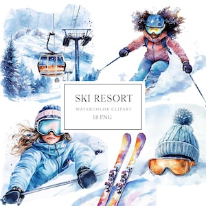 Clipart ragazza sciatrice, Clipart sci acquerello, Stazione sciistica, Clipart sport invernali, Vacanze invernali, Uso commerciale, PNG