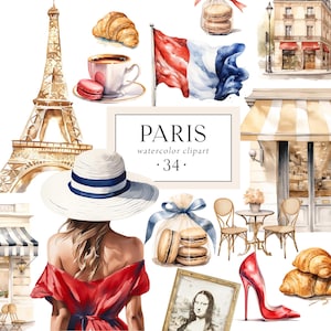 Acuarela de París, imágenes prediseñadas de chica francesa, Torre Eiffel, imágenes prediseñadas de viajes a Francia, pegatinas de París para scrapbooking, ilustraciones de París