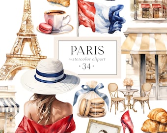 Paris Clipart Watercolor, French Girl Clipart, Eiffel Tower, France Travel Clipart, Paris Stickers Scrapbooking, Paris Illustrations