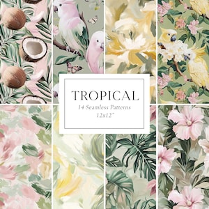 Patrones tropicales sin costuras, papeles digitales tropicales, piñas de coco, fondos de hojas de palmera, tela tropical, diseño textil tropical
