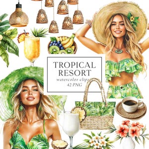 Clipart vacances d'été, clipart vacances tropicales, clipart mode estivale, vacances exotiques à la plage, filles tropicales à la plage, Png, pool party