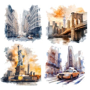 May include: A watercolor painting of four different scenes in New York City. The top left image shows a street scene with tall buildings and yellow cabs. The top right image shows the Brooklyn Bridge with the Manhattan skyline in the background. The bottom left image shows the Statue of Liberty. The bottom right image shows a yellow taxi cab driving down a street in New York City.