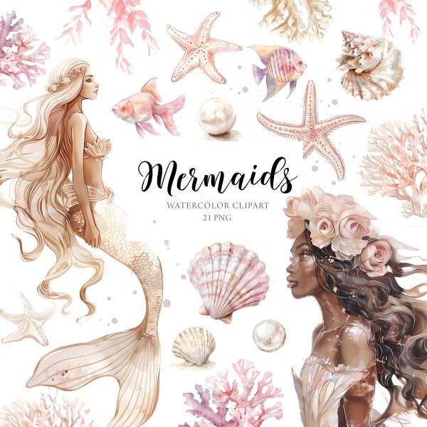 Mermaids Clipart Png, Watercolor, Pink Mermaids, Under the Sea Clipart, Mermaids Watercolor, Mermaid Baby Shower, Underwater Clipart