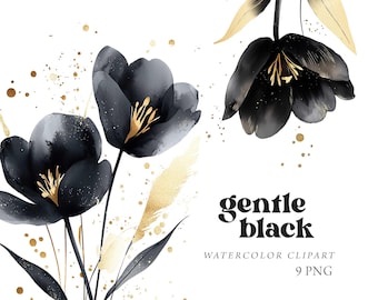 May include: Watercolor clipart featuring black and gold flowers. The flowers are stylized and have a soft, gentle look. The background is white with gold speckles.