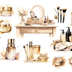May include: A watercolor illustration of a vanity table with various beauty products, including makeup brushes, jars of cream, bottles of perfume, and a hair scrunchie. The products are arranged on a wooden table with a mirror and a drawer. The illustration is done in a soft, romantic style with a focus on the details of the products.