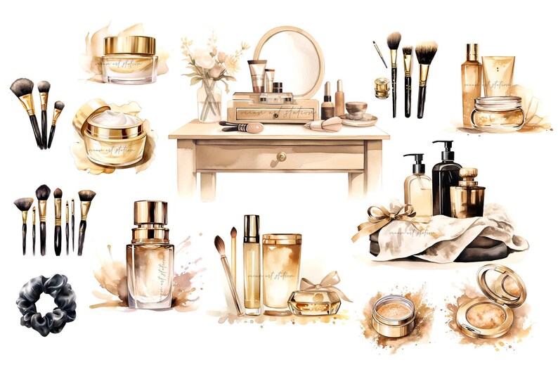 May include: A watercolor illustration of a vanity table with various beauty products, including makeup brushes, jars of cream, bottles of perfume, and a hair scrunchie. The products are arranged on a wooden table with a mirror and a drawer. The illustration is done in a soft, romantic style with a focus on the details of the products.