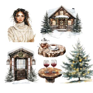 Op de afbeelding: Waterverfillustraties van winterse taferelen. Bevat een vrouw in een cr&egrave;mekleurige trui, een met sneeuw bedekte hut, een cabine-ingang, een kerstboom met lichtjes en een tafel met wijnglazen en een theeset.