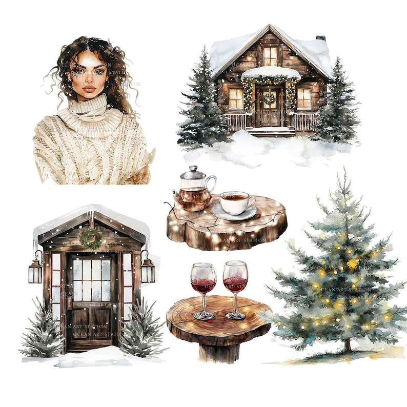 Op de afbeelding: Waterverfillustraties van winterse taferelen. Bevat een vrouw in een cr&egrave;mekleurige trui, een met sneeuw bedekte hut, een cabine-ingang, een kerstboom met lichtjes en een tafel met wijnglazen en een theeset.