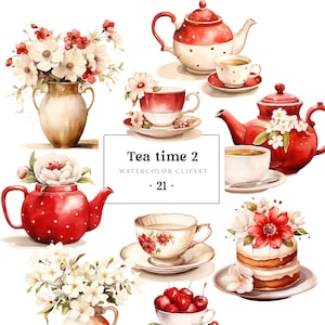 Clipart per il tè acquerello, clipart floreale per l'ora del tè, tazze da tè vintage, clipart di dessert, pubblicità, pasticceria per torte, inviti per il tea party