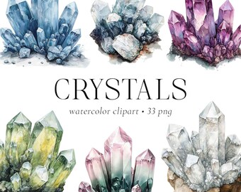 May include: Watercolor clipart featuring six clusters of crystals in various colors, including blue, purple, green, and pink. The word "CRYSTALS" is displayed in a black font, with the text "watercolor clipart • 33 png" below it.