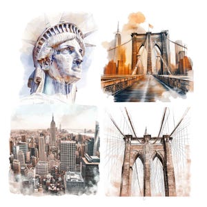 May include: A watercolor illustration of iconic New York City landmarks. The Statue of Liberty, the Brooklyn Bridge, and the New York City skyline are depicted in a soft, muted color palette.