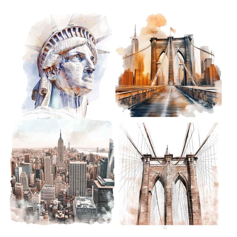 May include: A watercolor illustration of iconic New York City landmarks. The Statue of Liberty, the Brooklyn Bridge, and the New York City skyline are depicted in a soft, muted color palette.