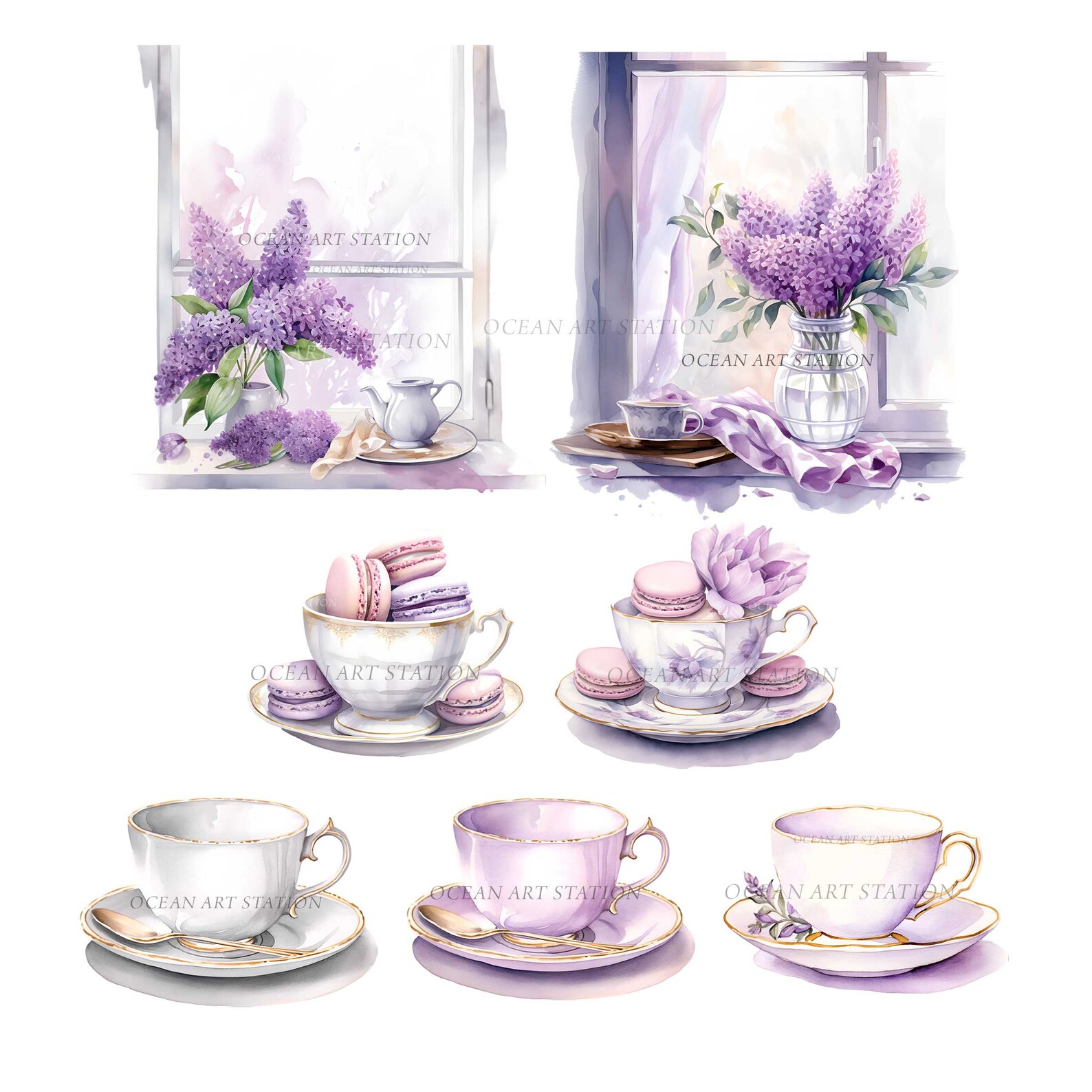 Tea Clipart Pastel, Floral Tea Time Clipart Watercolor, Vintage Teacups