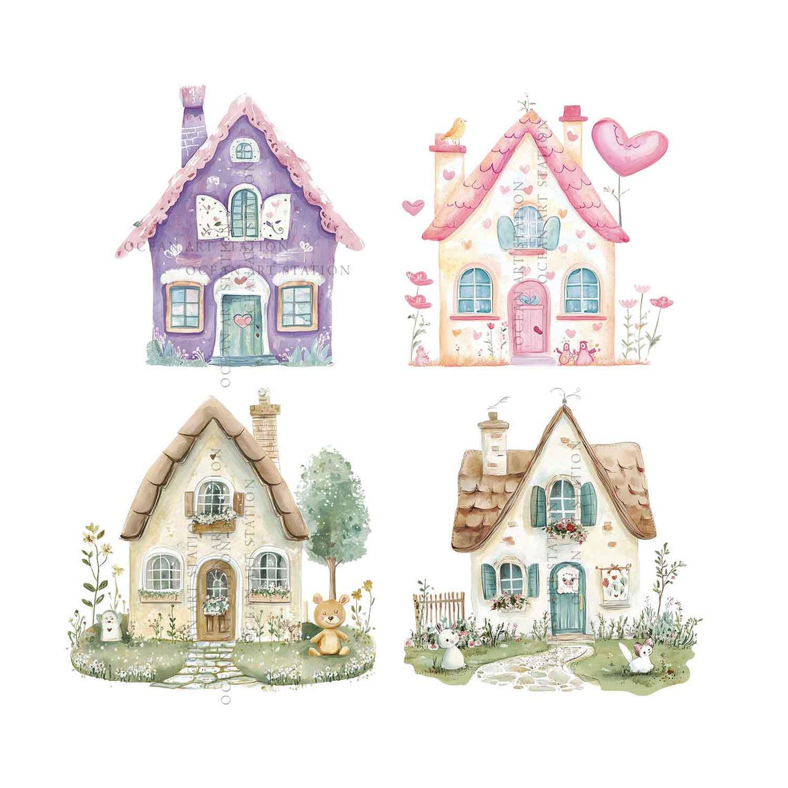 Cute Houses Clipart, Watercolor Houses Clipart, Tiny Houses, Nursery ...