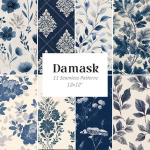 Blue Damask Seamless Pattern, Blue Vintage Digital Papers, Toile Baroque Digital Papers, Victorian Backgrounds, Damask Digital Paper