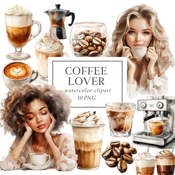 Coffee Lover Clipart, Neutral Coffee Clipart, Cappuccino Barista Clipart, Coffee Drinks Watercolor, Commercial Use