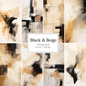 Papeles digitales en negro y beige, fondos neutros abstractos, fondos de acuarela en beige, texturas en negro y dorado, paquete de papeles digitales abstractos