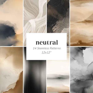 May include: A collection of 14 seamless neutral patterns, each 12x12 inches. The patterns feature abstract designs in shades of beige, brown, gray, and white. The word "neutral" is displayed in a white rectangle.