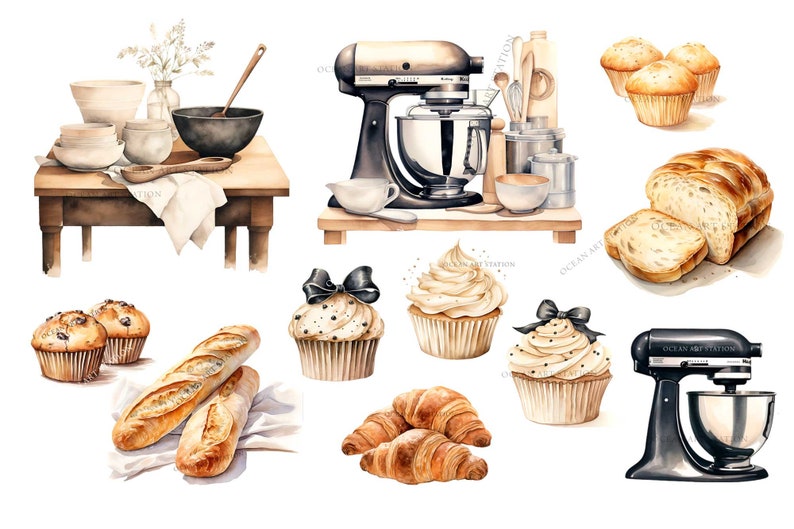 May include: A watercolor illustration of baking supplies, including a stand mixer, a loaf of bread, croissants, cupcakes, and muffins. The illustration is set on a white background.