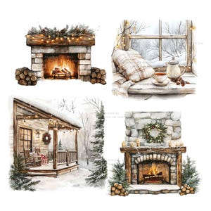 Op de afbeelding: Waterverfillustraties van gezellige wintersc&egrave;nes. De afbeeldingen bevatten een open haard met een brandend vuur, een raam met een besneeuwd uitzicht, een veranda van een hut met schommelstoelen en een open haard met een krans en kaarsen.