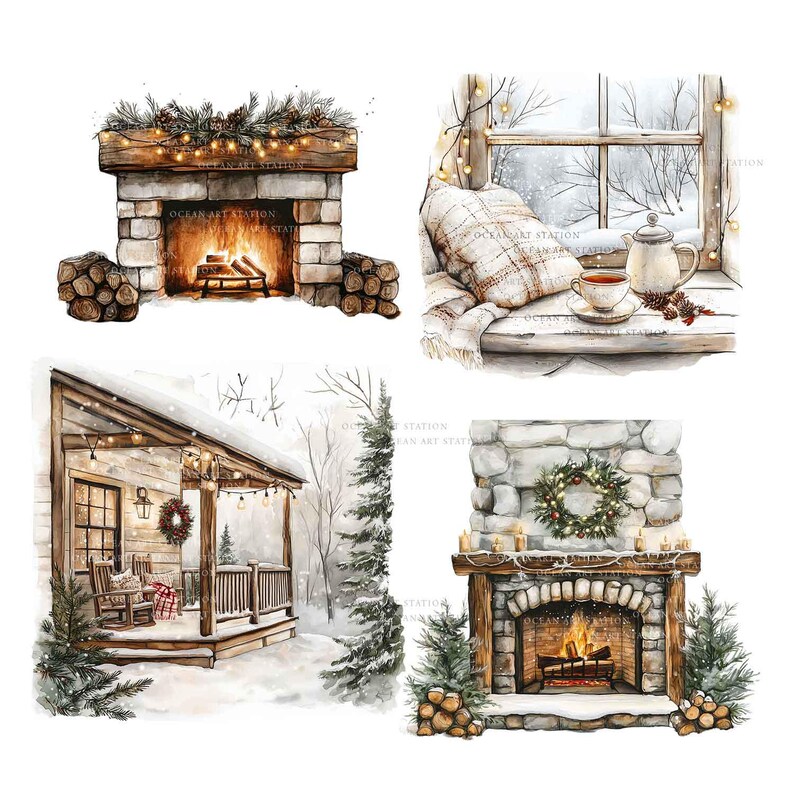 Op de afbeelding: Waterverfillustraties van gezellige wintersc&egrave;nes. De afbeeldingen bevatten een open haard met een brandend vuur, een raam met een besneeuwd uitzicht, een veranda van een hut met schommelstoelen en een open haard met een krans en kaarsen.