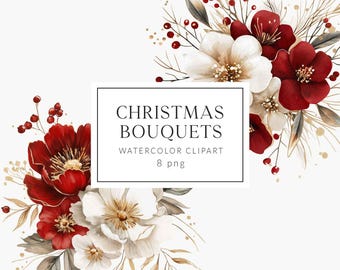 Kerstboeketten clipart, kerst bloemen clipart, winter boeketten aquarel, kerst huwelijksuitnodigingen, vakantie clipart, png